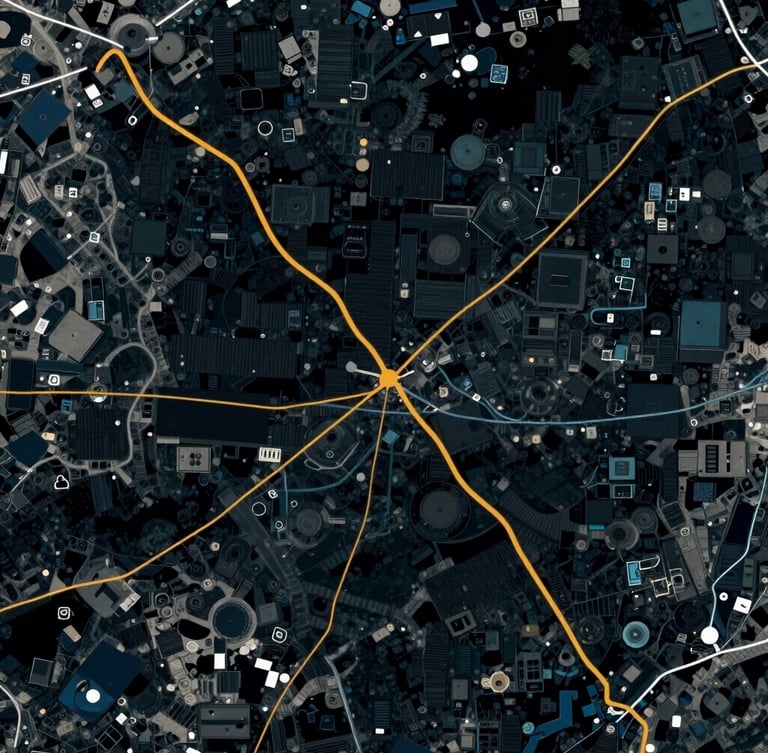 High-precision aerial satellite imagery with clean vector segmentation overlays, highlighting tactical pathways in sharp tactical amber lines, dark technical photography, 35mm
