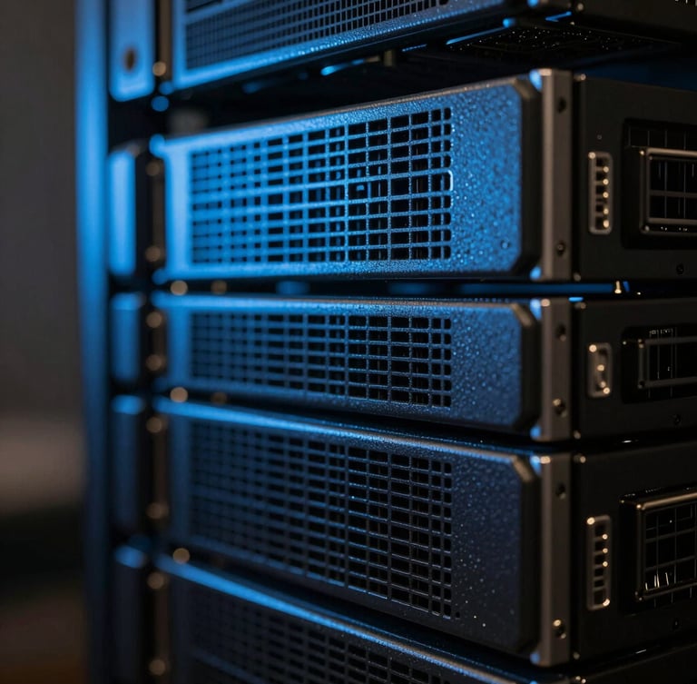 Macro close-up of a high-performance computing cluster, cool blue directional light reflecting off server chassis, sharp dark technical photography, 35mm