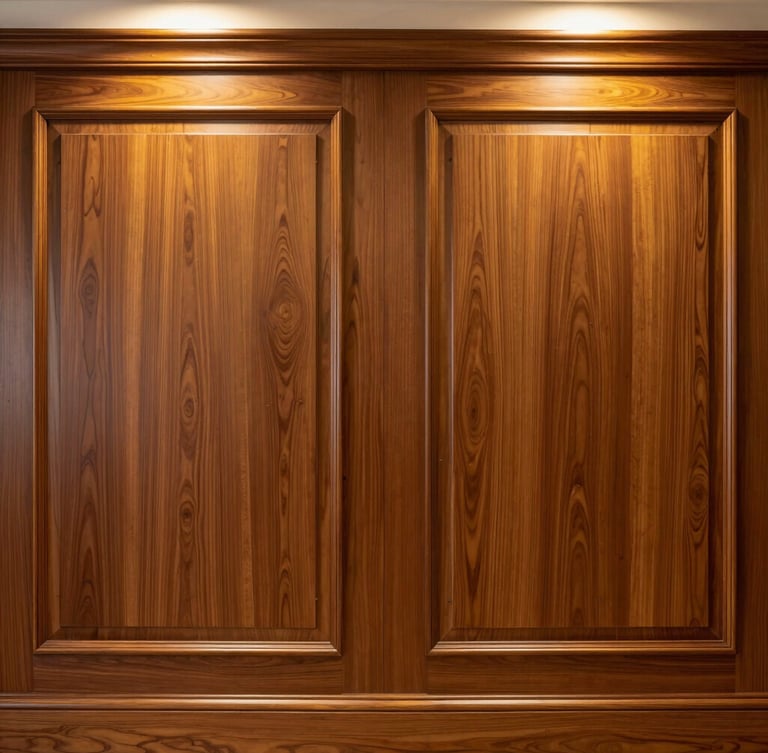 Symmetrical architectural macro photograph of rich bookmatched walnut paneling, warm golden lighting, pristine satin finish, 35mm