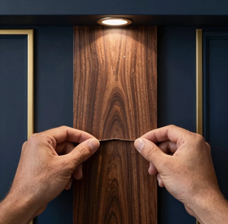 Extreme close-up macro shot of a craftsman's hands carefully restoring the grain of a dark walnut wall panel under focused architectural spotlighting, 35mm