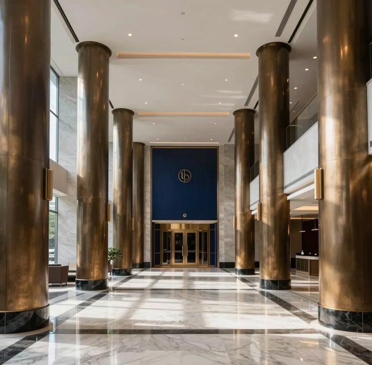 Symmetrical straight-on architectural photography of a pristine Class-A commercial lobby with towering bronze columns and polished marble floors, dramatic interior shadows, high-contrast lighting, 35mm