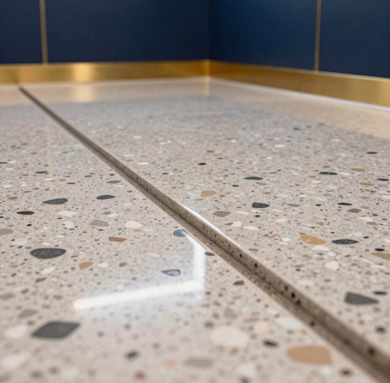 Extreme close-up macro architectural photography of a commercial terrazzo floor being polished, showing the sharp boundary between a dull worn surface and a flawless glossy finish reflecting overhead lights, crisp clean highlights, 35mm
