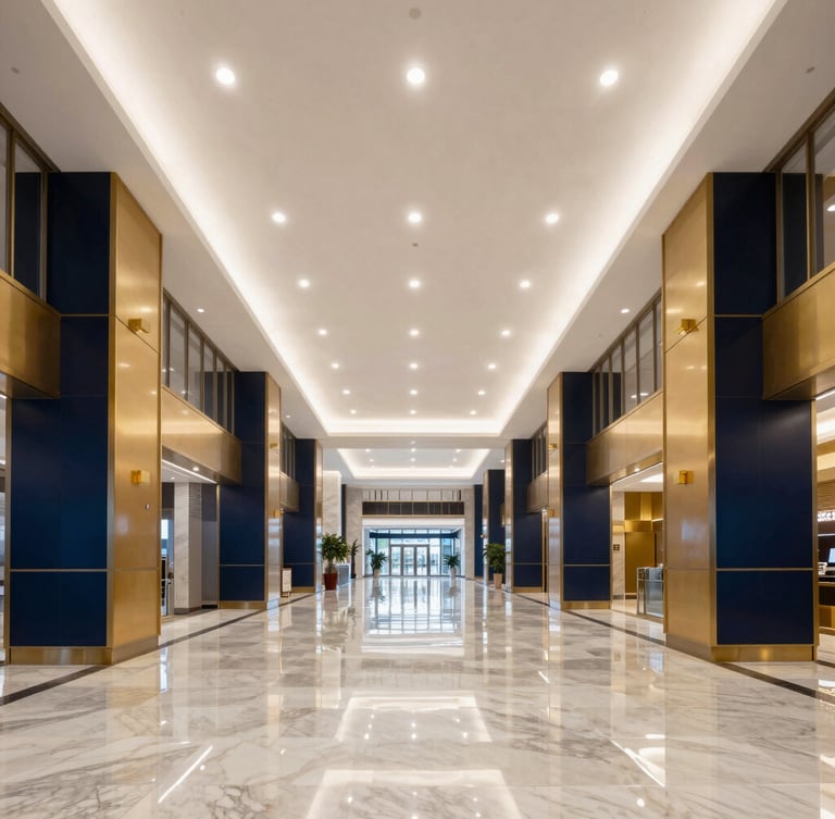 Symmetrical wide-angle architectural photography of a grand commercial lobby, showing flawless mirror-finish polished marble floors reflecting high-contrast architectural ceiling lights, deep navy and gold accents, crisp interior lighting, 35mm