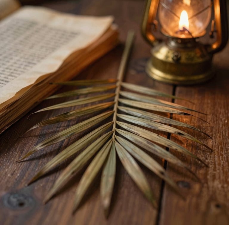 Macro close-up of aged palm-leaf manuscripts resting on a textured wooden surface, warm flickering glow from a nearby brass oil lamp, shallow depth of field, 35mm