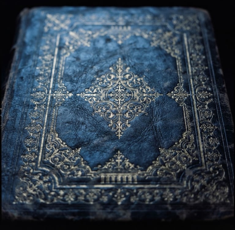 Close-up of a leather-bound historical ledger with intricate gold tooling, low-key lighting, cool blue tones, sharp focus, 35mm