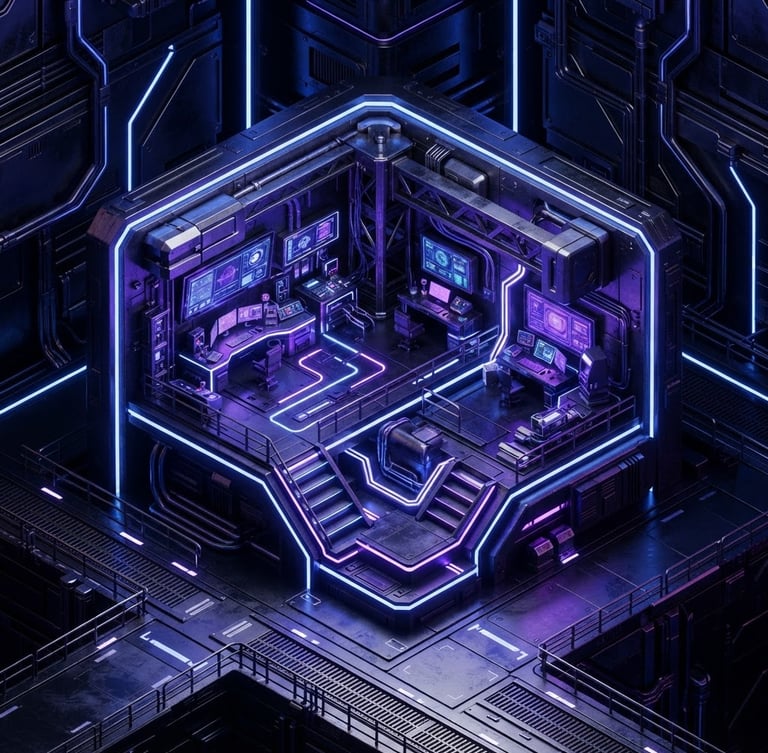 Macro isometric close-up of dark metallic architectural workspace under high-contrast cobalt neon edge-lights, sleek 3D render