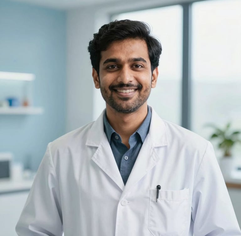 Professional portrait of male ENT doctor Dr. Abhinava Ghosh in a modern clinical consulting room, warm and reassuring expression, bright natural daylight