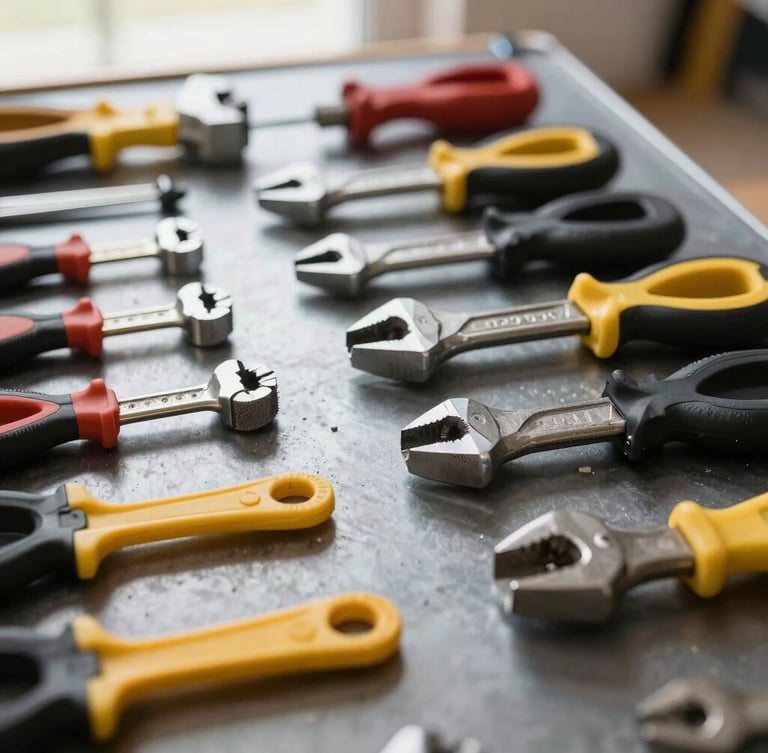 Close-up of clean, professional construction tools arranged neatly on a dark metal workspace, sharp focus, natural daylight.