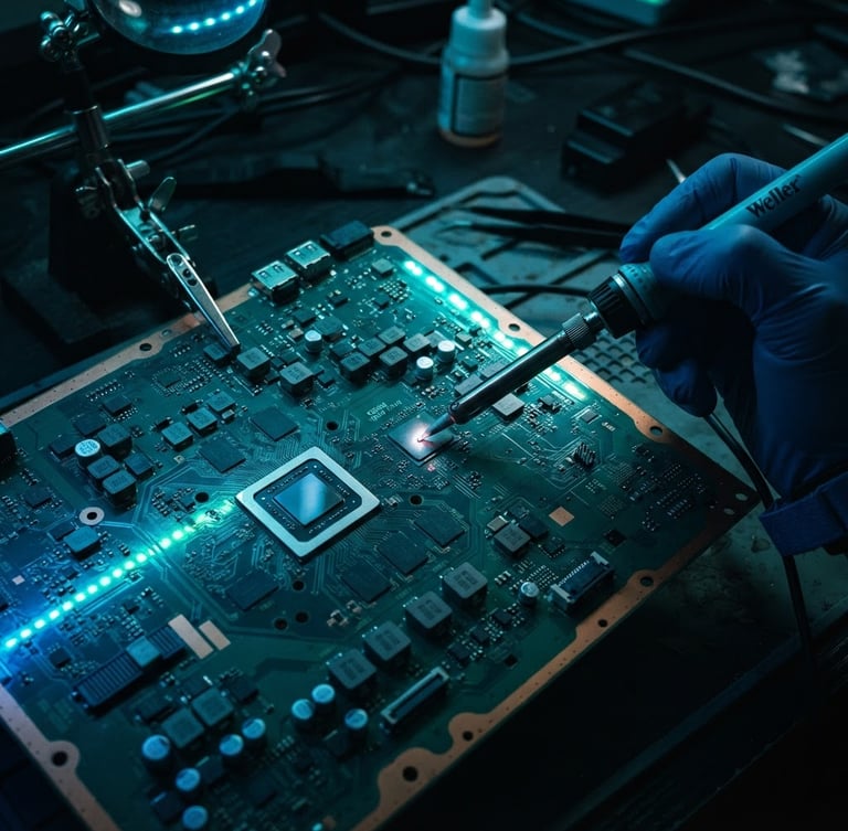 Moody tech photography of a gaming console motherboard under repair, soldering iron tip near microchips, vibrant electric blue and neon green LED reflections, dark textured background, sharp macro details, 35mm lens