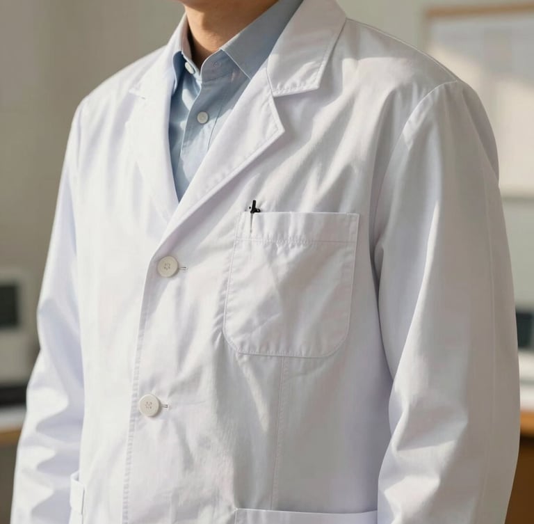 Close-up of a high-quality white medical lab coat with reinforced stitching, crisp fabric texture, warm natural daylight, professional tailoring studio setting, 50mm lens