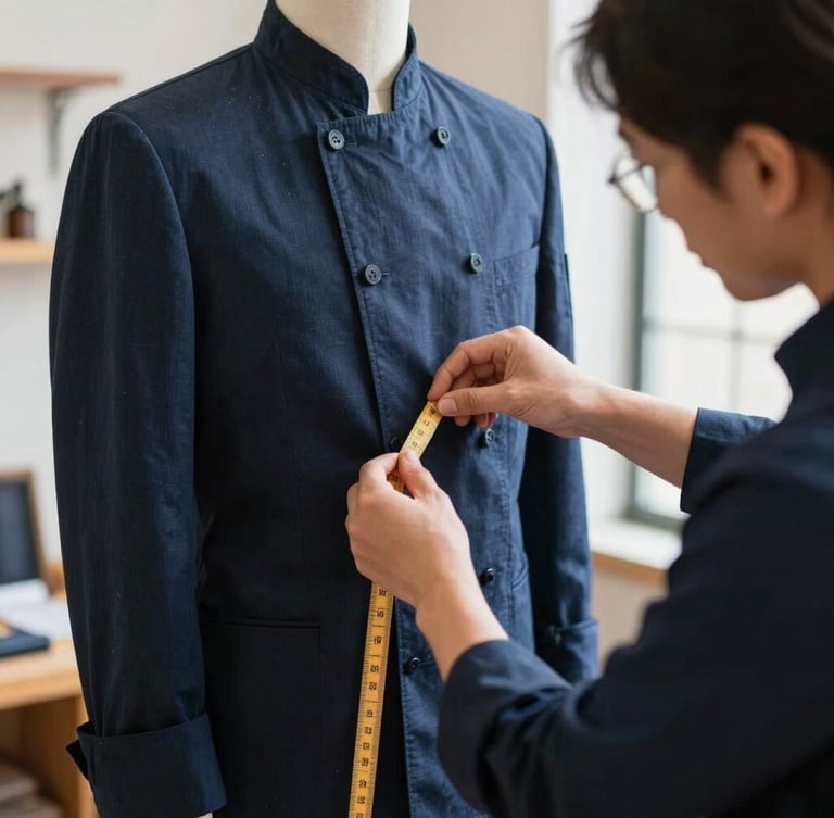 A professional tailor measuring a dark blue chef jacket on a mannequin, soft natural light, warm workshop environment, focus on fabric texture and measurement details, 50mm lens