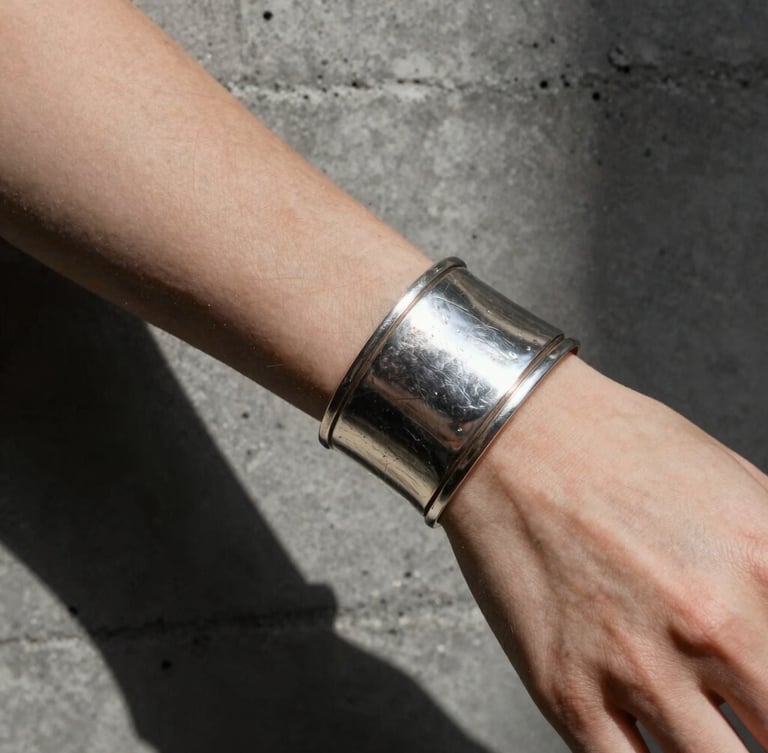 Extreme close-up of a heavily patinated silver cuff on a woman's wrist against a raw concrete wall, stark studio lighting, deep shadows.