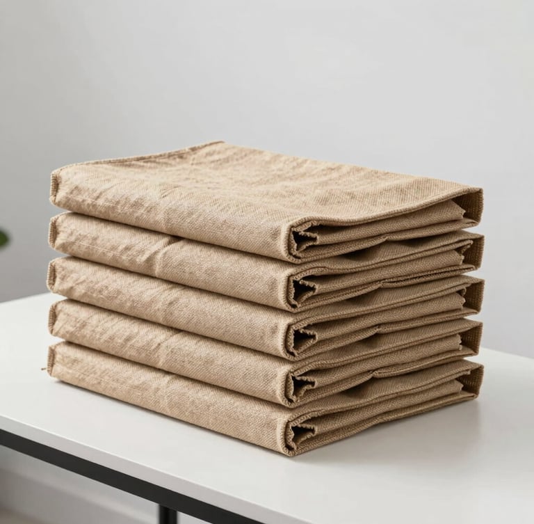 A stack of folded premium jute bags on a clean warehouse inspection table, natural overcast daylight, professional logistics setting