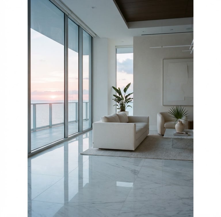 A portrait-oriented architectural photograph of a Miami Beach penthouse interior, floor-to-ceiling windows showing a soft ocean horizon at dawn, pristine white marble floor reflecting natural coastal light, minimalist and quiet, 35mm