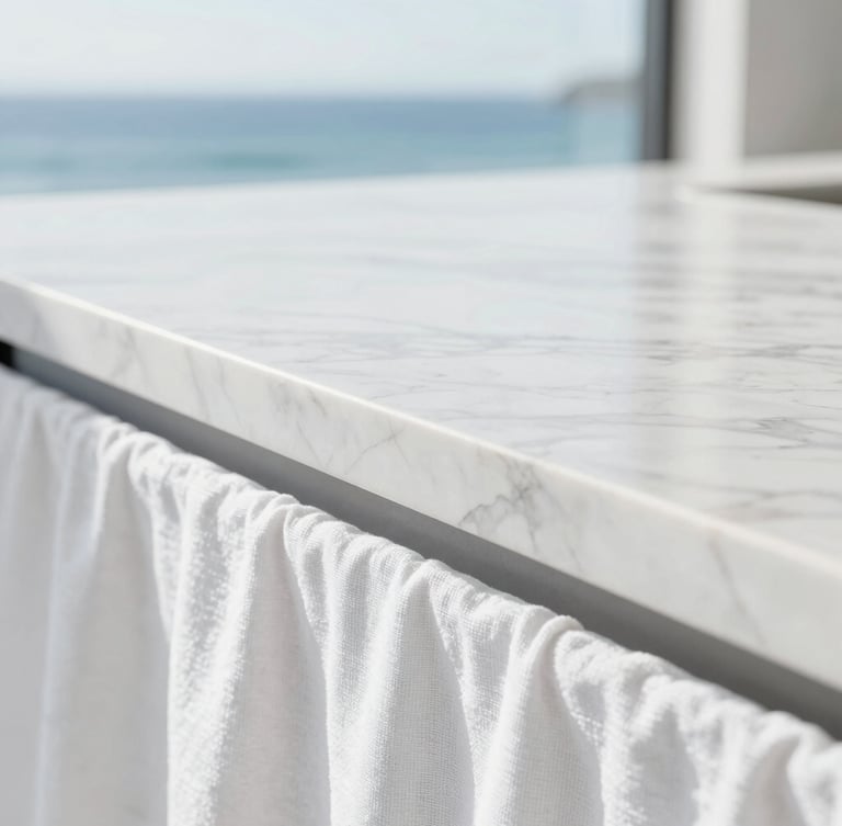 Extreme close-up of an immaculate white marble countertop with sharp reflections, bright natural coastal daylight, minimalist composition, 35mm.