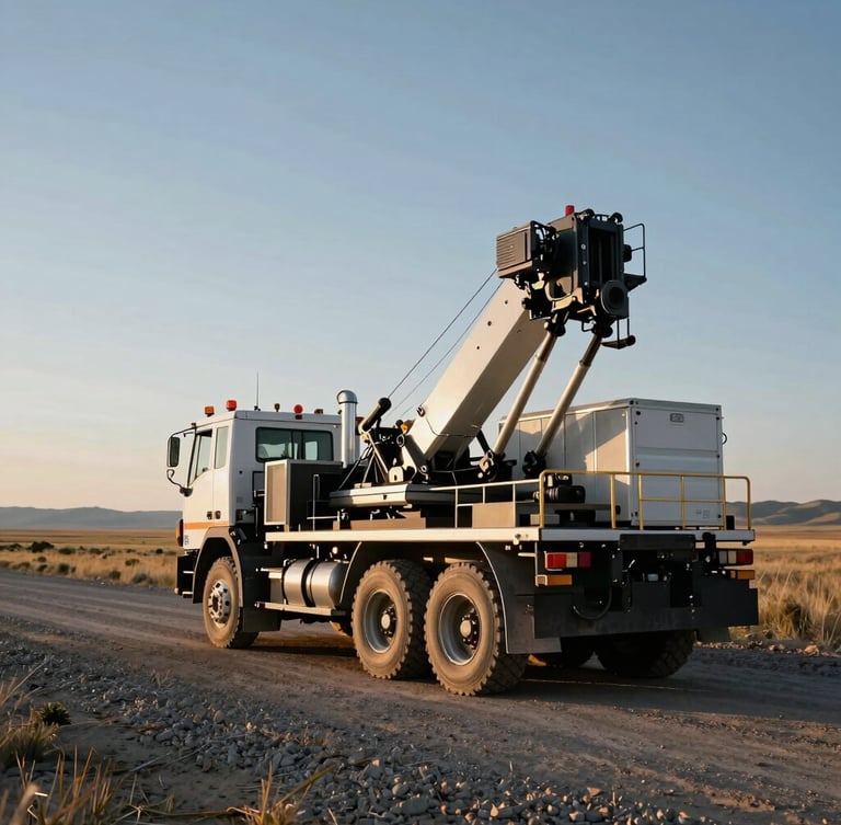 High-contrast portrait of a heavy mobile machining truck parked on a dusty Wyoming gravel road, dramatic evening light hitting the steel crane arm, vast horizon behind.
