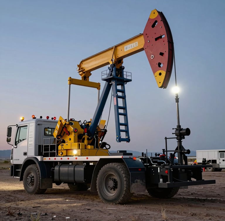A rugged heavy-duty mobile machining rig mounted to a service truck, parked on a dusty Wyoming oil field at dusk, harsh work lights illuminating the mechanical arm.