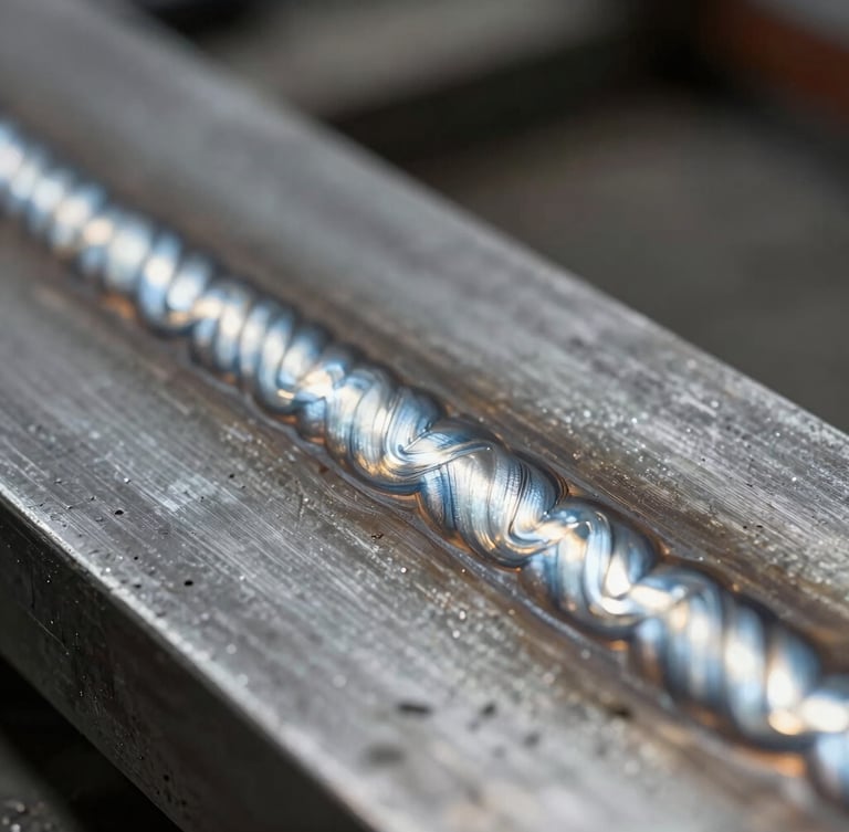 Macro close-up of a clean, uniform weld bead on thick steel plate, glowing metal cooling under high-contrast industrial lighting, shallow depth of field