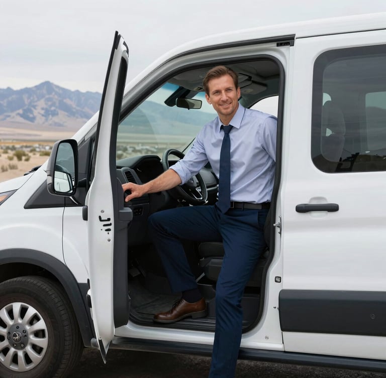 Professional driver in smart-casual attire opening the door of a clean, late-model transit vehicle, bright morning daylight, crisp navy and white tones, professional composition, 50mm lens, Salt Lake mountain backdrop