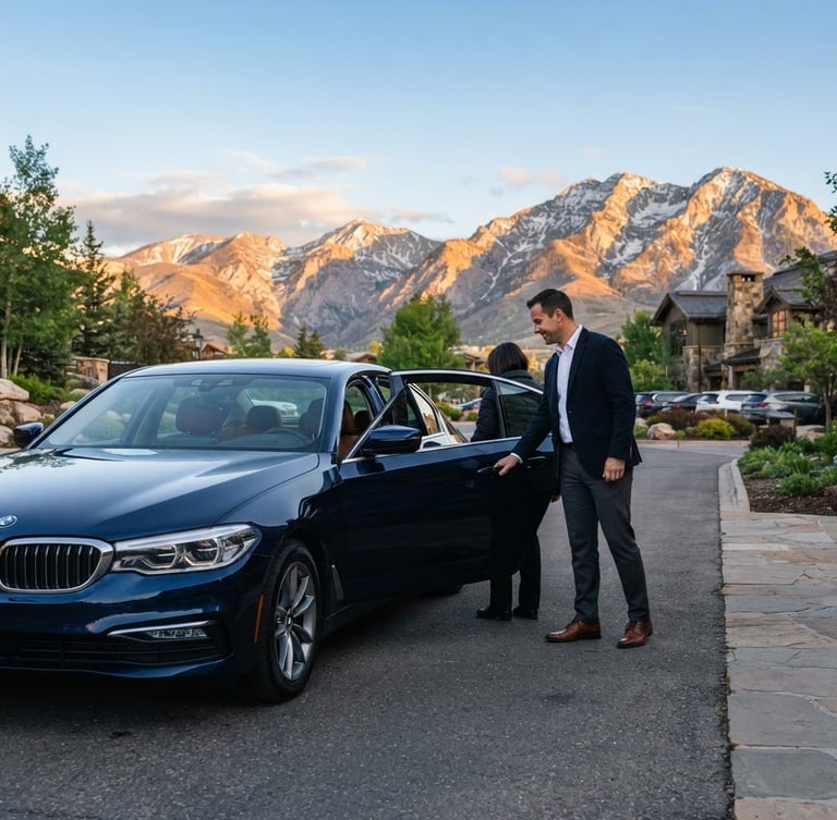 Clean, late-model executive sedan parked at sunrise in front of the Wasatch mountains, professional driver in smart-casual attire opening the rear passenger door, crisp morning light, 50mm lens