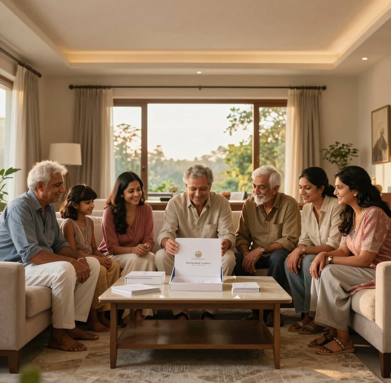 Wide panoramic 21:9 framing, warm golden-hour interior lighting. A multi-generational Indian family sitting together in a modern living room, reviewing a clean, premium welcome kit on a coffee table, smiling with pride.