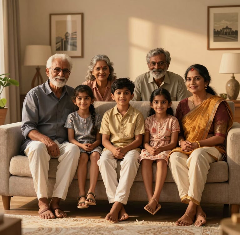 A proud multi-generational Indian family sitting together on a premium modern sofa in a warm, beautifully lit living room in Karnataka, golden hour light