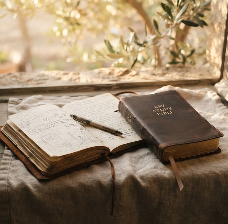 A quiet, warm editorial photograph of an open leather journal and a Bible on a rustic linen cloth, soft morning sunlight filtering through olive leaves, 35mm shallow depth of field.