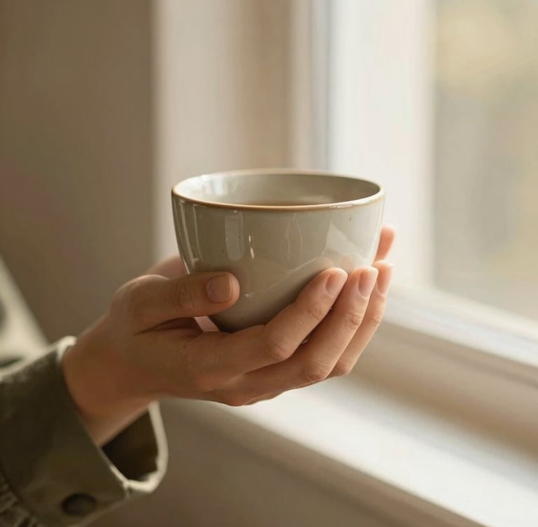 Close-up of a woman's hands gently holding a warm ceramic cup, soft natural window light, muted olive sleeve, peaceful and reflective atmosphere, 35mm.
