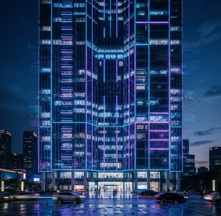 Wide shot of a sleek, modern high-rise building facade at dusk, with glowing electric blue and violet lights, a subtle translucent UI overlay showing data flows, 35mm, dark-mode tech photography.
