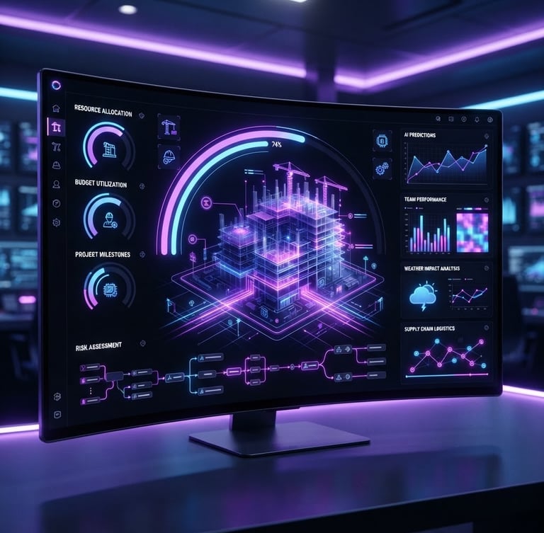Interfaz de software de gestión de proyectos para una constructora, con gráficos de progreso y elementos de IA, en un entorno oscuro con luces de neón violeta y azul.