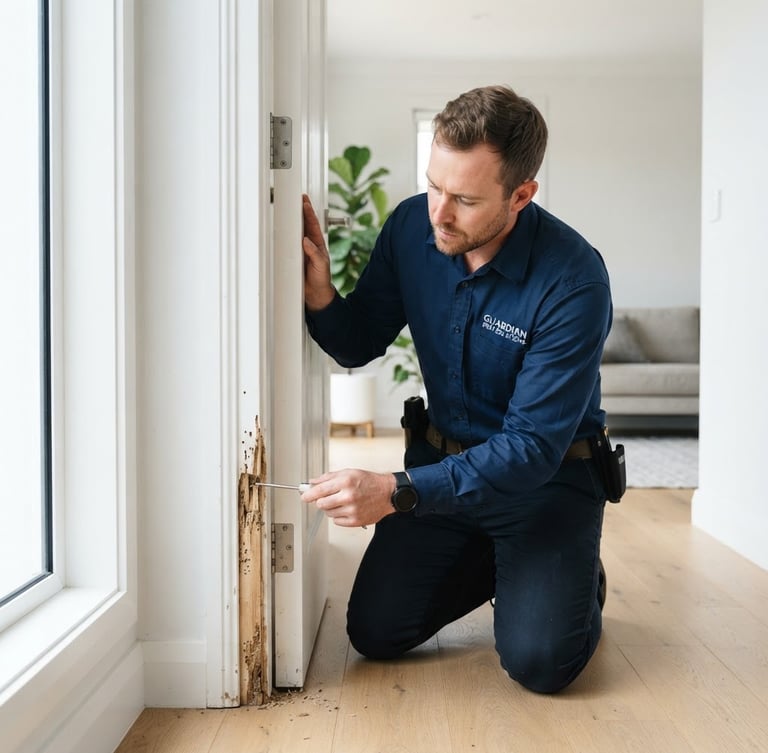Professional pest control technician in a clean, branded uniform inspecting a wooden door frame for termites inside a bright, modern home, natural daylight, precise focus.