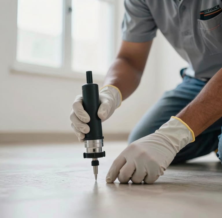 Close-up of a professional pest control technician's hands in gloves, operating precision treatment equipment on a floor, bright clean indoor lighting, branded uniform visible, Delhi NCR setting.