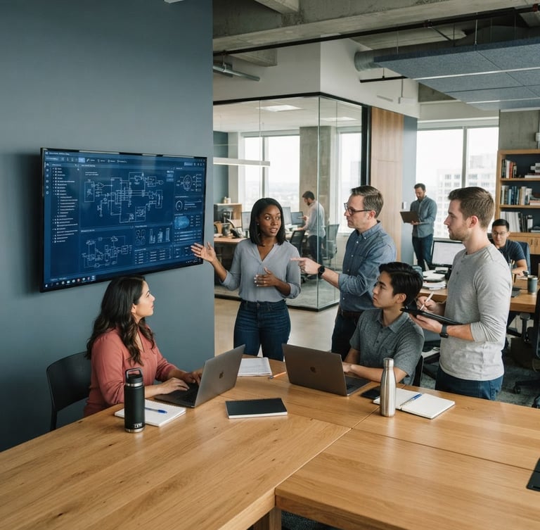 Wide shot of a modern, collaborative engineering workspace bathed in natural daylight, with a diverse team of focused professionals engaged in technical discussions around a large monitor. Cool slate and deep blue tones, shallow depth of field.