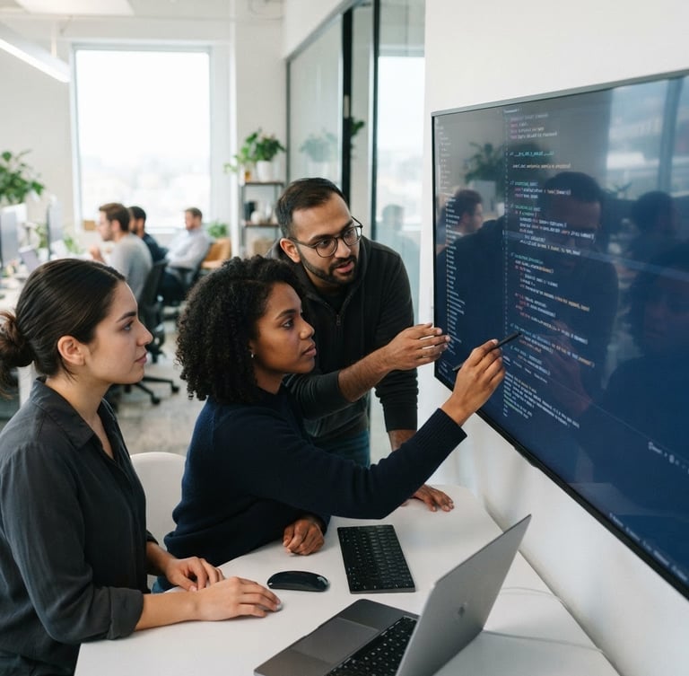 Close-up of a diverse engineering team collaborating on code on a large monitor in a modern, daylight-filled office, reflections of code visible, shallow depth of field, cool slate and deep blue tones.