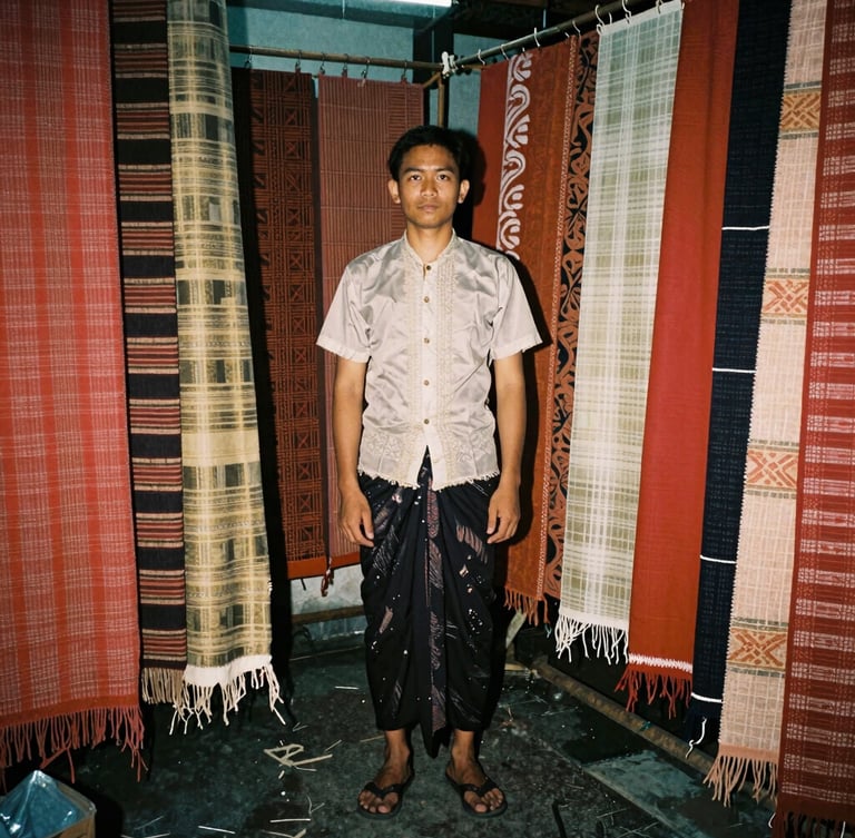 Tight 35mm flash portrait of a local Balinese designer in a humid studio, surrounded by distressed deadstock textiles, raw analog warmth, direct flash shadows.