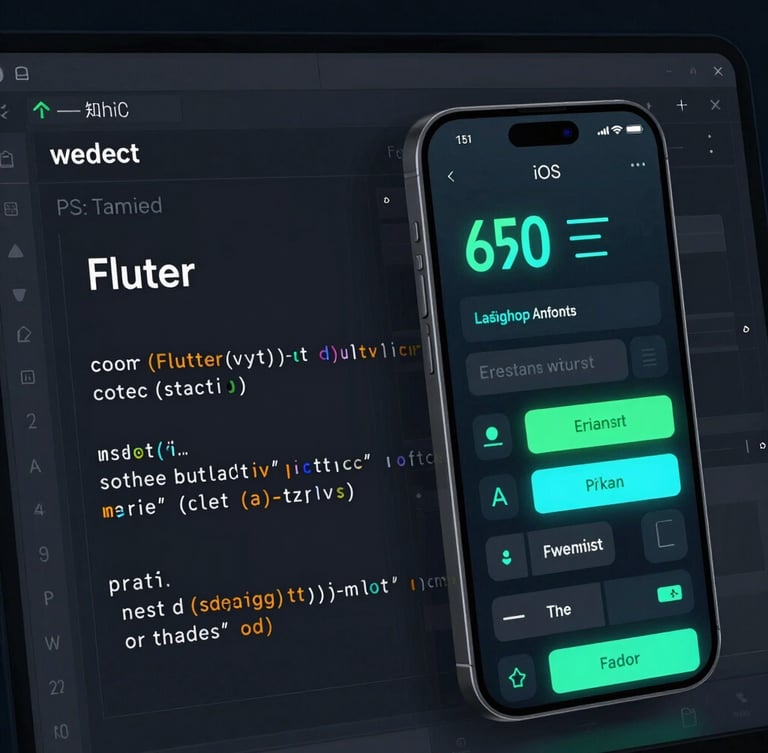 A high-contrast dark-mode IDE interface showing a clean Flutter widget code block on the left, and an iOS mobile app mockup with glowing cyan and neon green UI elements on the right, isometric angle, crisp vector rendering.