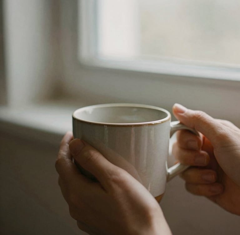 Intimate close-up of hands holding a warm ceramic mug in soft morning window light, low contrast, muted earthy tones, shallow depth of field, 35mm film grain