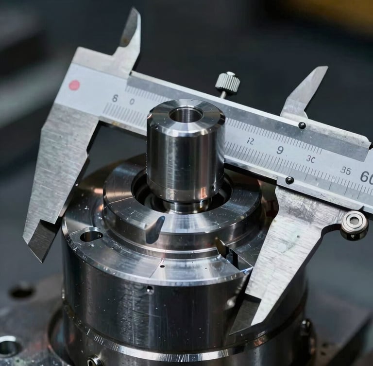 Macro close-up of a high-precision aerospace component machined from solid steel, visible machining lines, precise caliper measuring, dramatic industrial lighting