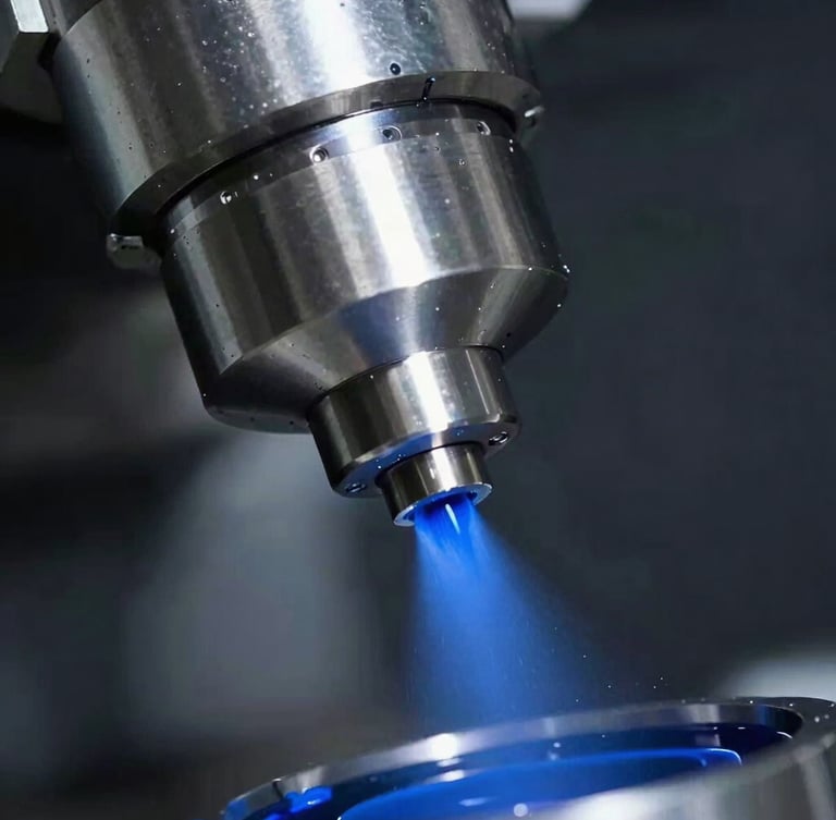Macro close-up of CNC turning machine cutting raw titanium with high-contrast blue coolant spray, dramatic industrial lighting, sharp metal textures, 50mm lens