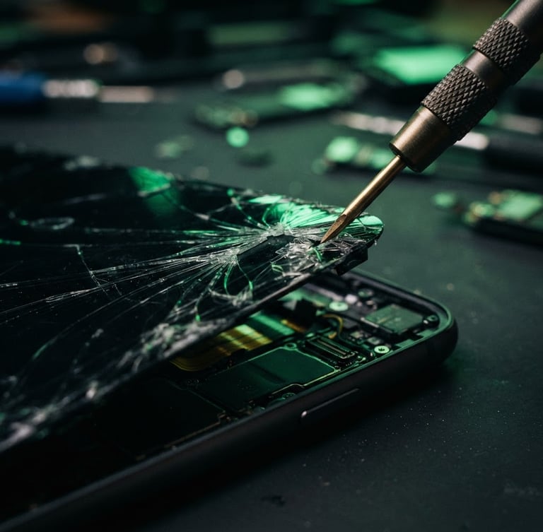 Extreme macro close-up of a precision screwdriver lifting a cracked phone screen, green neon workbench lighting reflecting off the glass, shallow depth of field