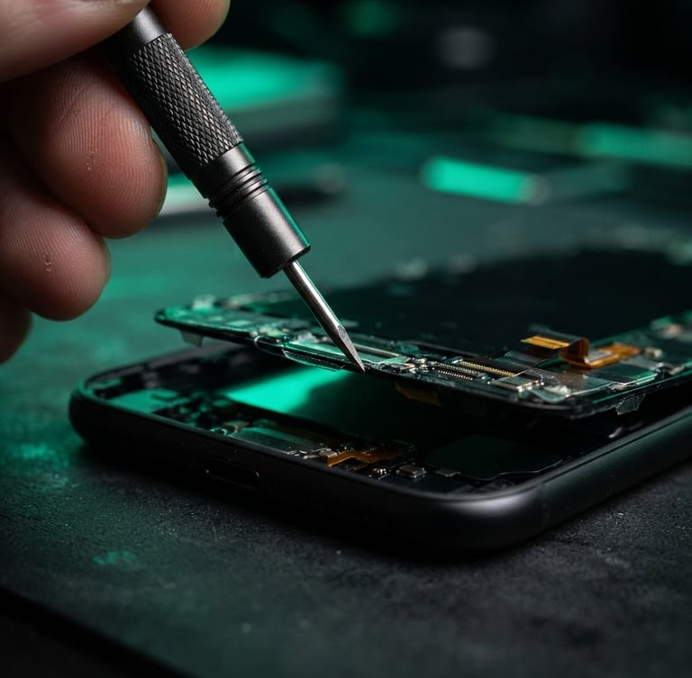 Extreme close-up of a precision screwdriver lifting a mobile phone screen on a clean dark workbench with neon green backlighting, 50mm macro photography