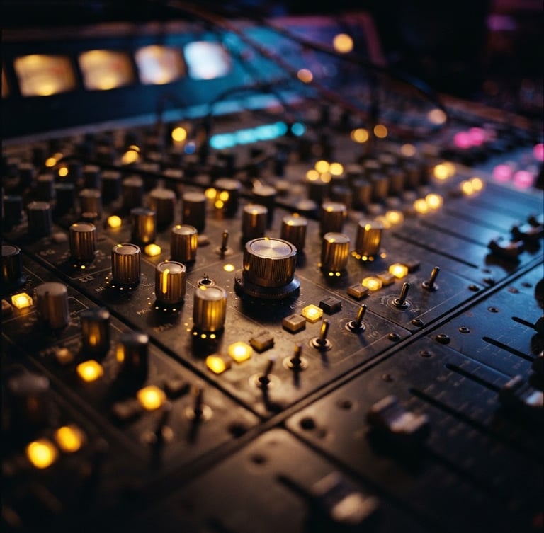 Extreme close-up of high-end analog mixing console dials glowing under warm gold studio lights, sharp focus, 35mm cinematic