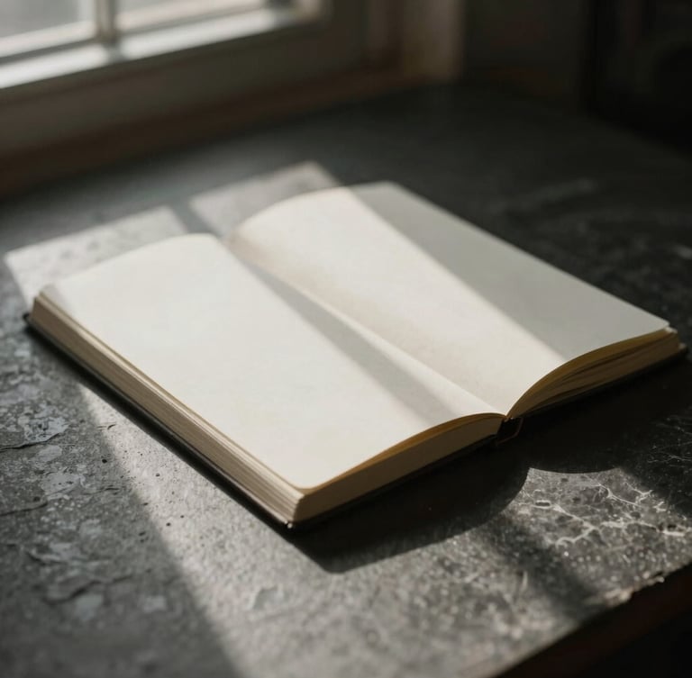 Tactile details of a dark stone desk, high-end heavy paper notebook, architectural shadows from a window, desaturated warm grays, shallow depth of field