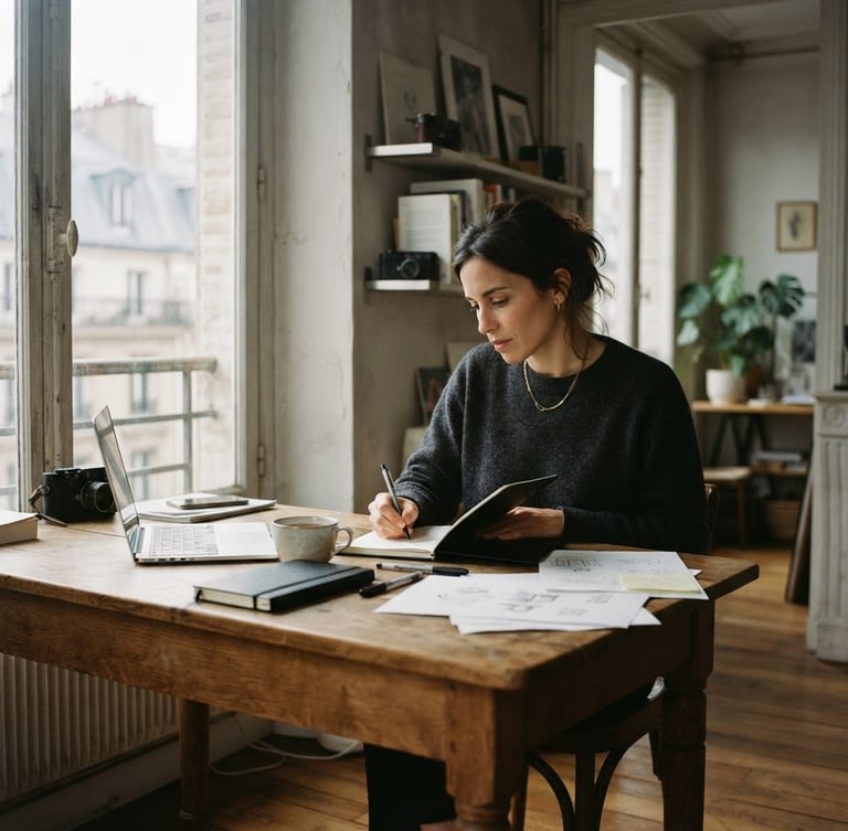Moody environmental portrait of a creative strategist in a minimalist Paris studio, soft directional window light, desaturated warm grays, 35mm