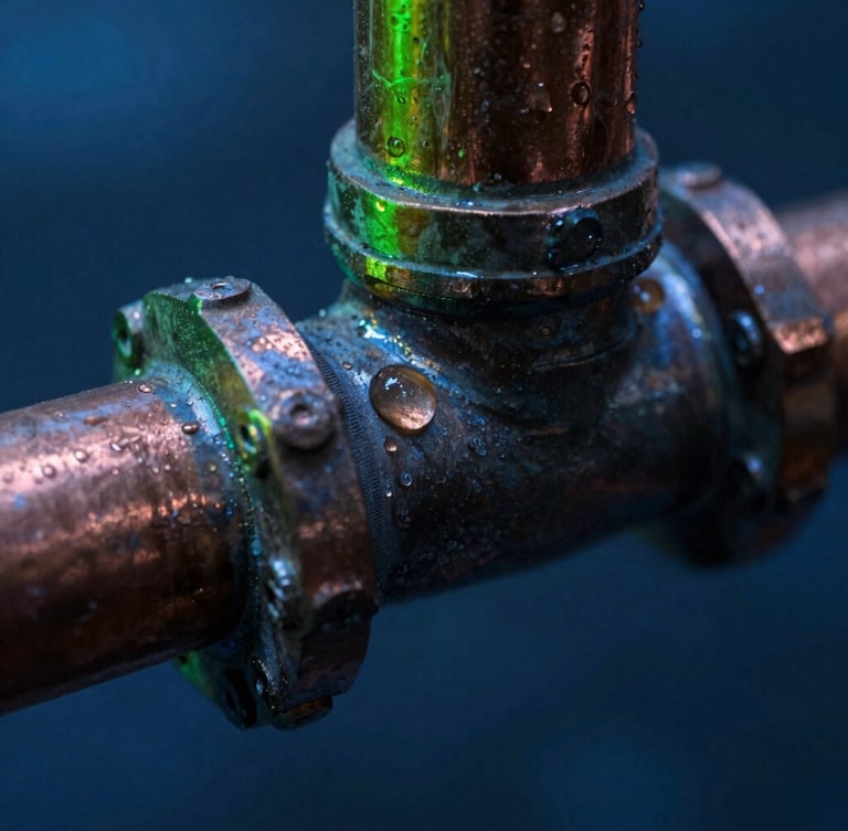 A macro close-up of a corroded copper pipe joint with a single water droplet forming under dramatic neon-green and cool blue key light, 35mm photography.