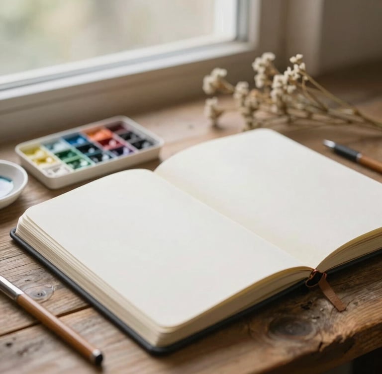 Close-up of watercolor paints and open sketchbook on a rustic wooden table surrounded by dried wildflowers, soft morning window light, warm editorial photography