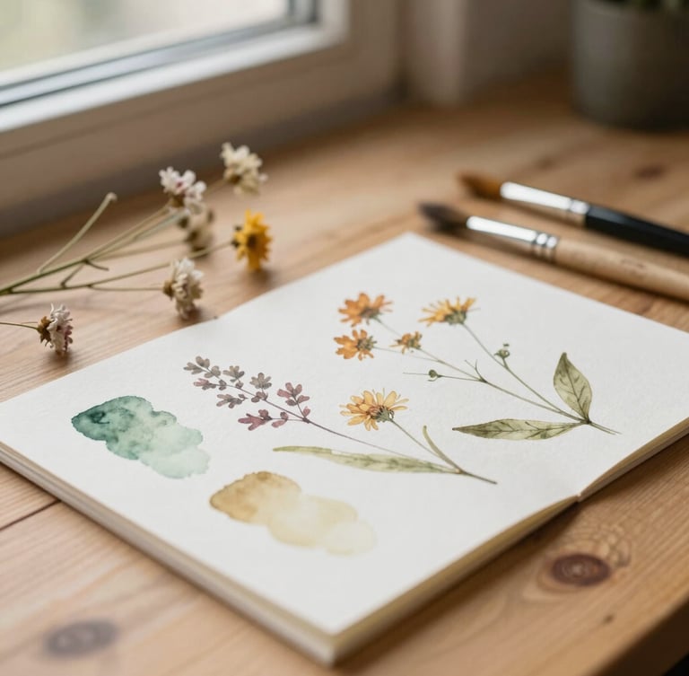 A close-up of watercolor textures and dried wildflowers scattered next to paintbrushes on a warm wooden table, soft morning window light, shallow depth of field, 35mm