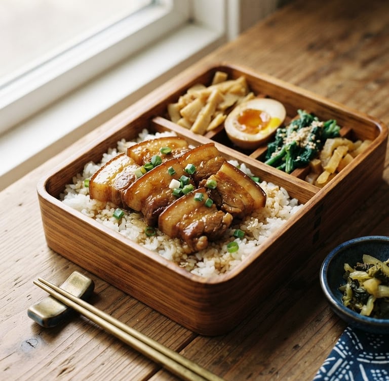 Warm close-up of a premium Taiwanese-Japanese bento box with glistening golden-ratio braised pork belly, fresh steamed rice, soft window light casting gentle shadows on warm Hinoki wood, 35mm photography