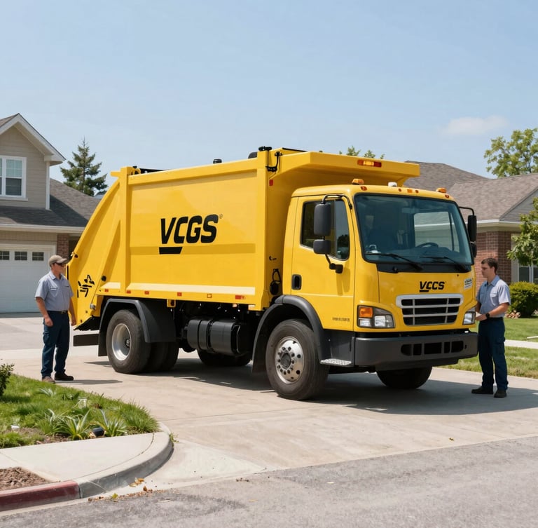 A clean, branded yellow junk removal truck parked on a tidy suburban Markham driveway under bright morning sunlight, professional crew members in neat uniforms standing beside it, highly detailed, 35mm lens.