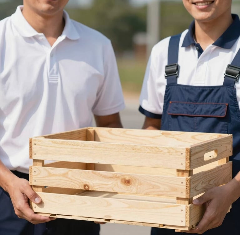 A close-up of two smiling, professional crew members in neat uniforms holding a clean wooden crate, bright outdoor daylight, sharp focus, 35mm lens.